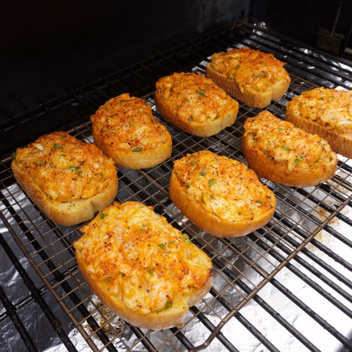 smoked shrimp and crab toast on the smoker.