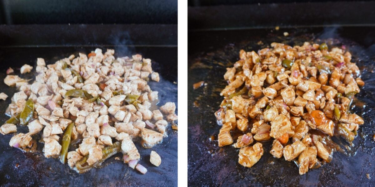 chopped chicken on the griddle.