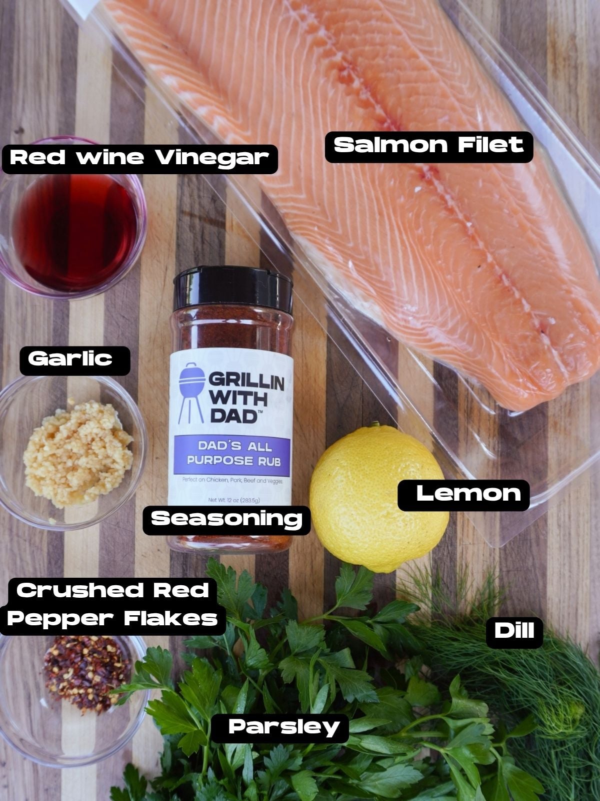 Ingredients for a smoked salmon with dill chimichurri.