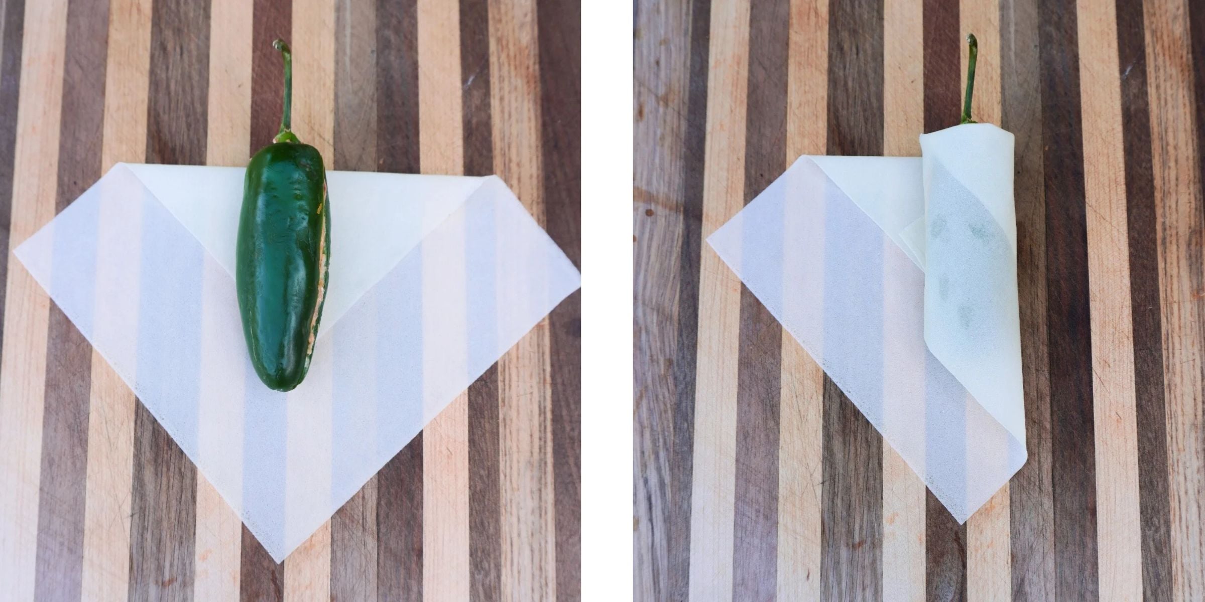 step 1 and 2 for wrapping a jalapeno lumpia.
