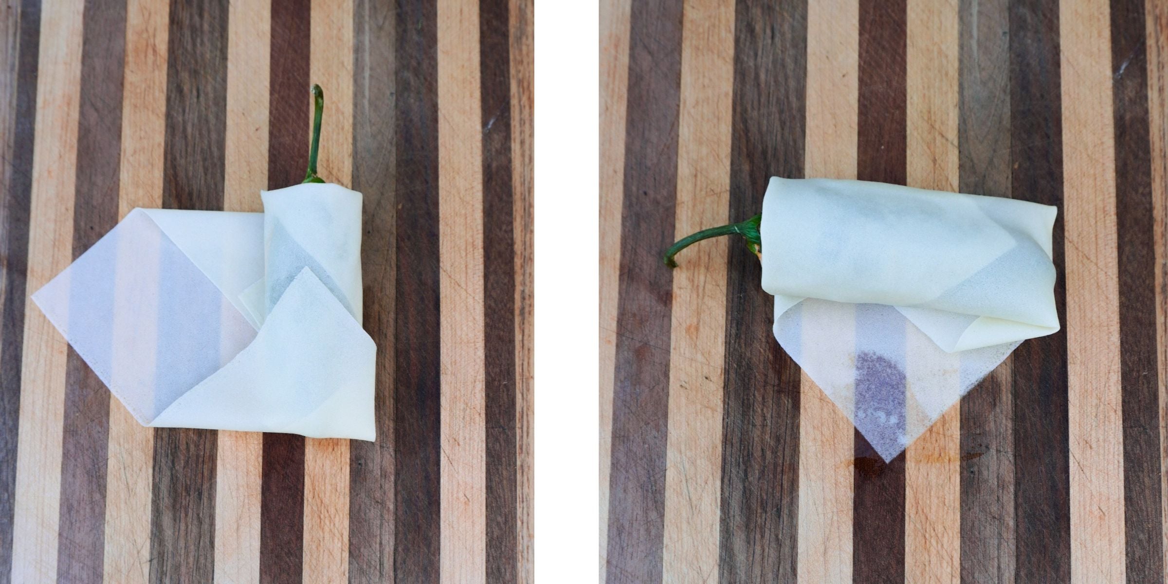 step 3 and 4 for wrapping a jalapeno lumpia.
