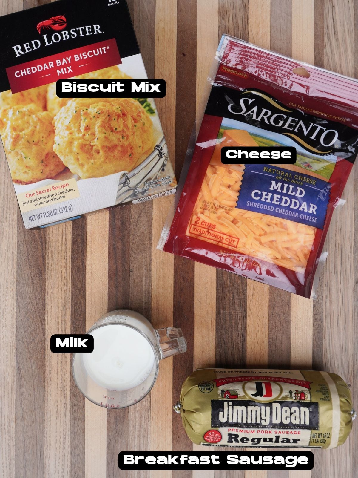 Recipe ingredients on a cutting board.