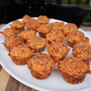 Smoked Sausage Balls on a white serving plate.