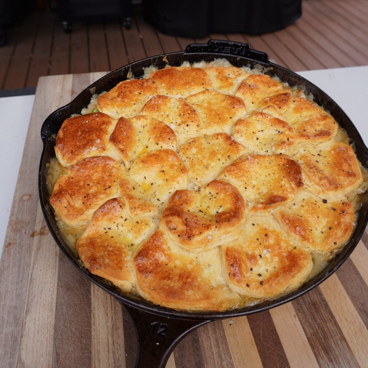 Smoked Chicken Pot Pie in cast iron skillet.