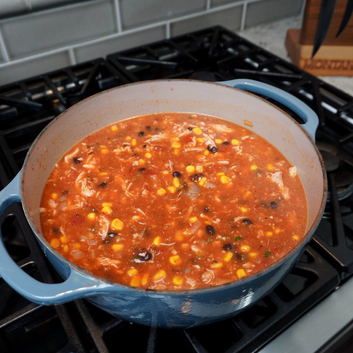 chicken tortilla soup in a blue dutch on over the stove top.